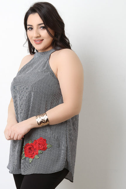 Striped Floral Patch Sleeveless Flowy Top