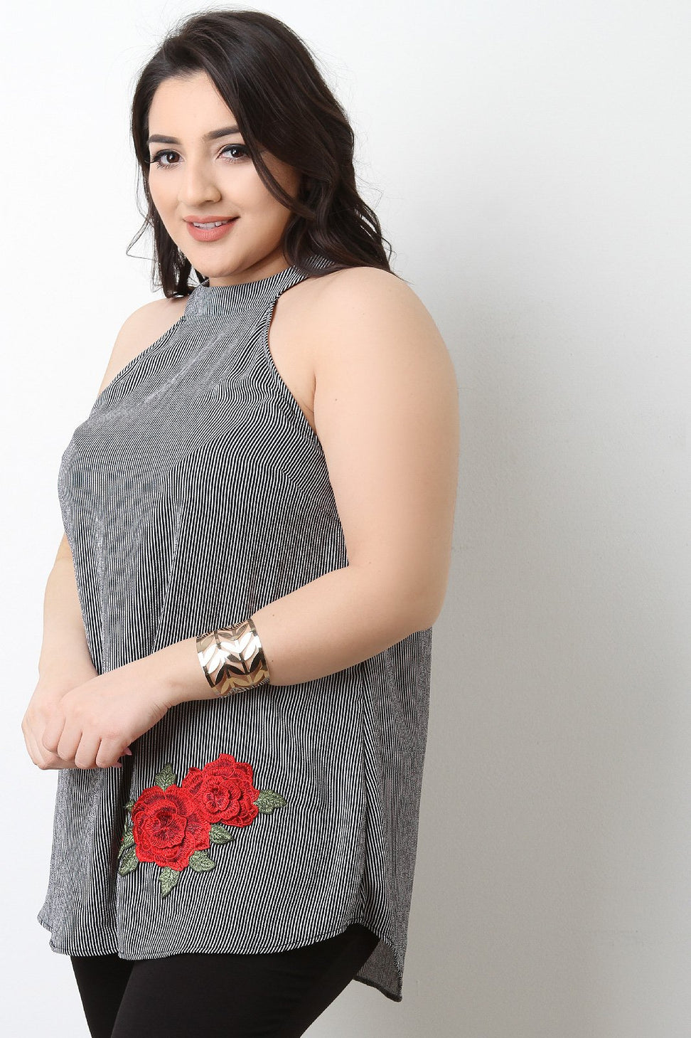 Striped Floral Patch Sleeveless Flowy Top