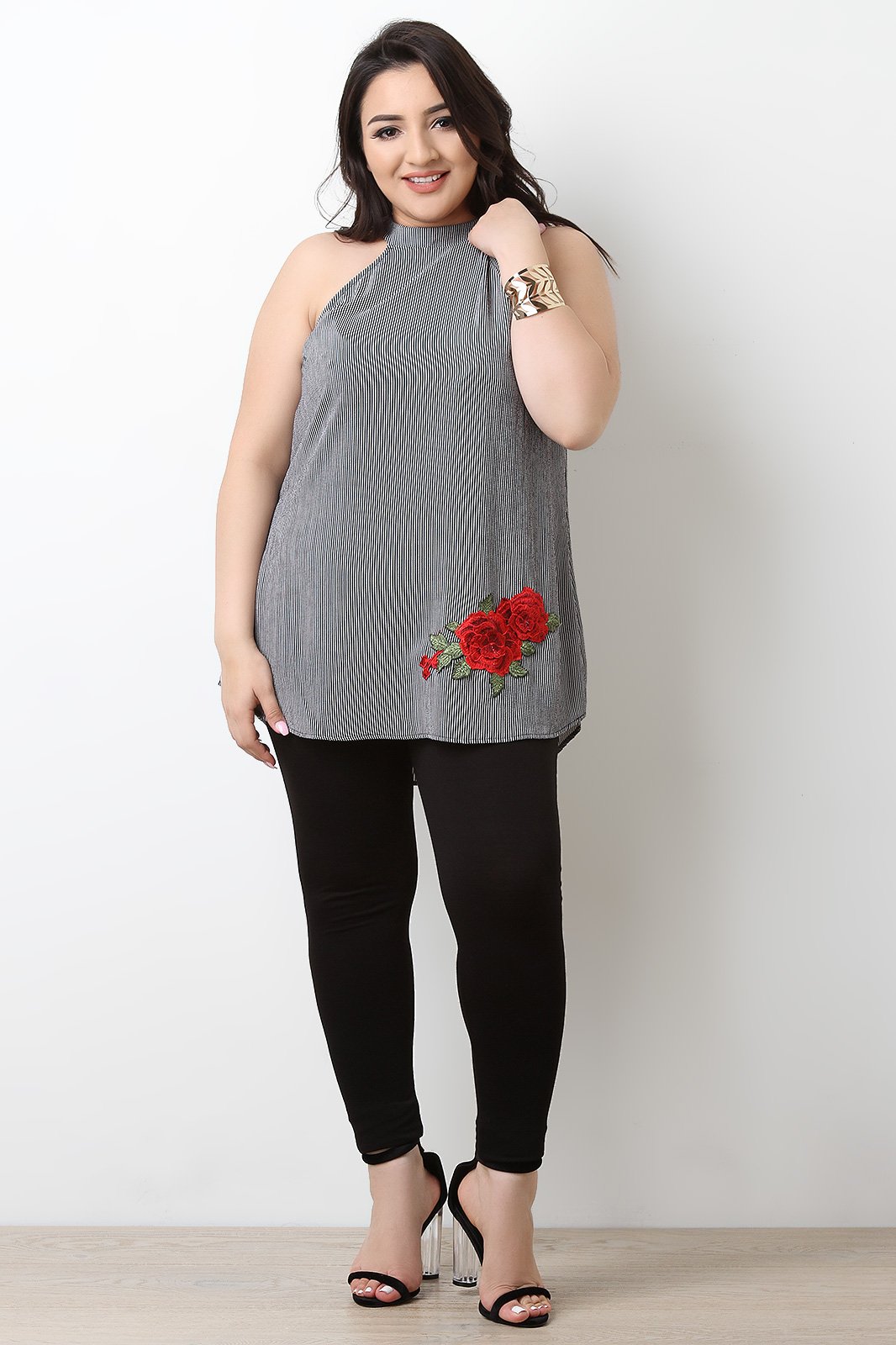 Striped Floral Patch Sleeveless Flowy Top