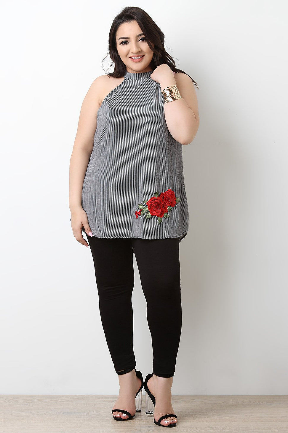 Striped Floral Patch Sleeveless Flowy Top