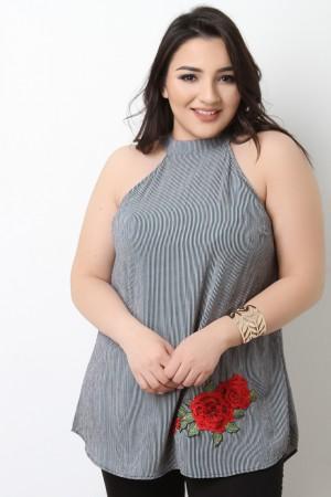 Striped Floral Patch Sleeveless Flowy Top