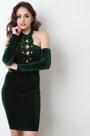 Corset Lace Up Cold Shoulder Velvet Dress