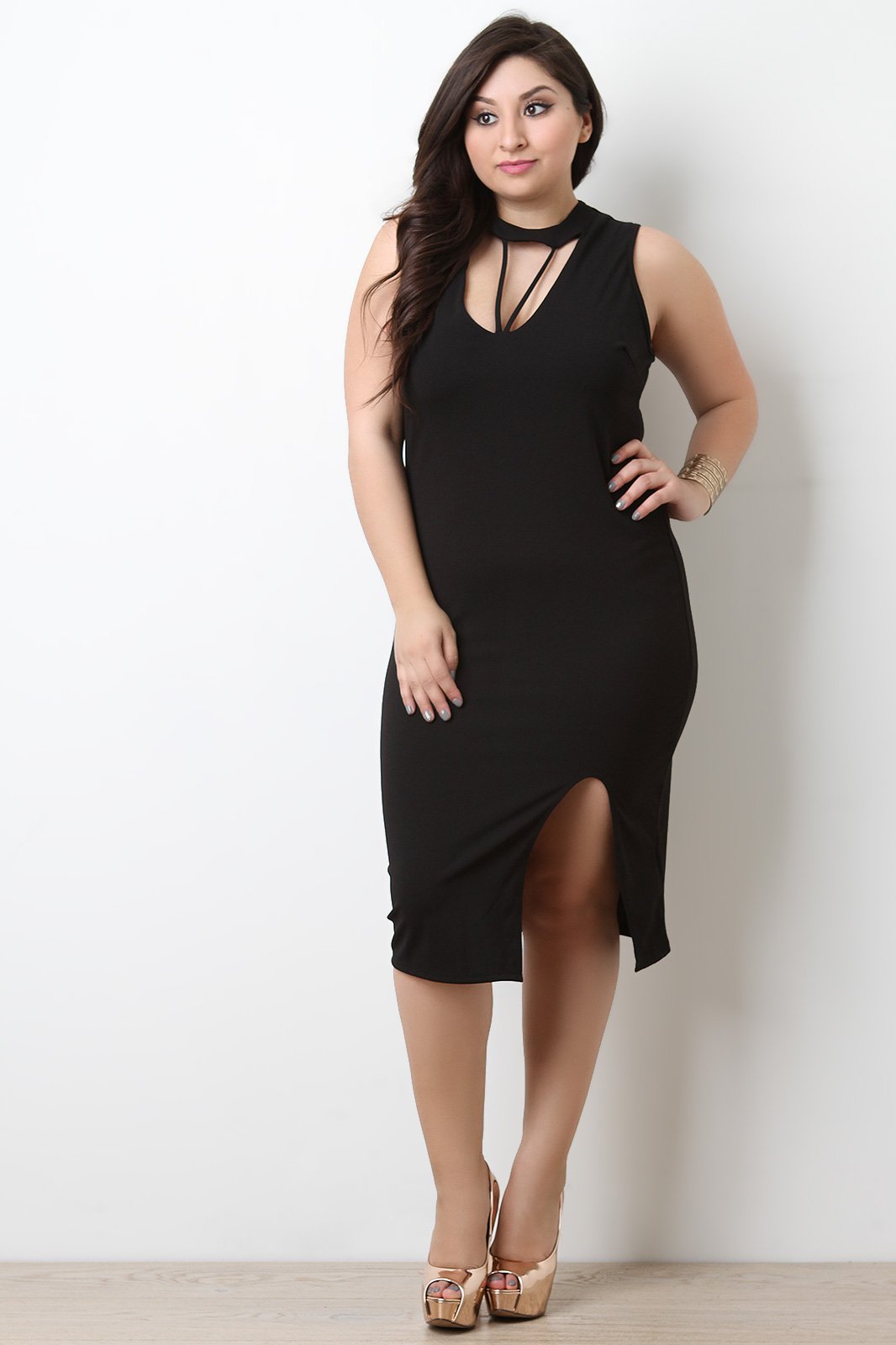 Form Fitting Strappy Caged Sleeveless Midi Dress - NoveltyOne