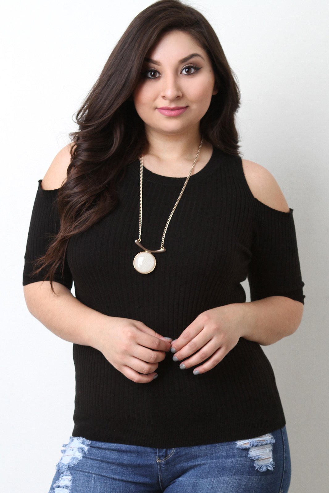 Cold Shoulder Ribbed Sweater Knit Top