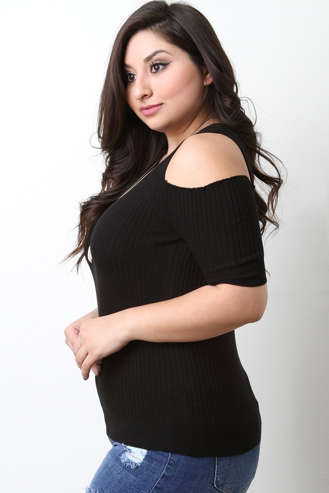 Cold Shoulder Ribbed Sweater Knit Top