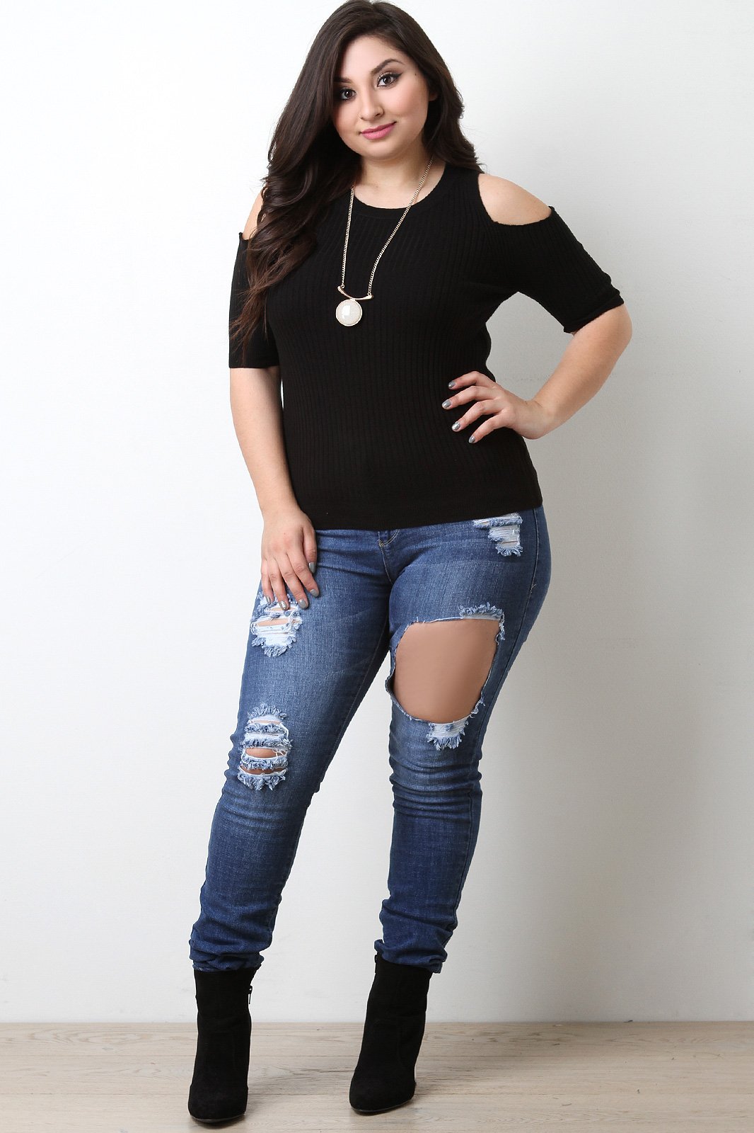 Cold Shoulder Ribbed Sweater Knit Top