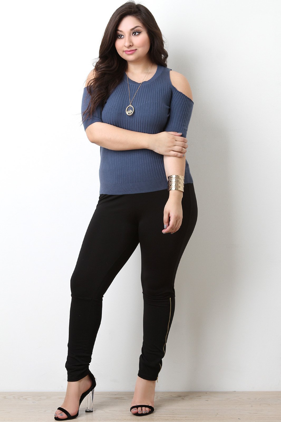 Cold Shoulder Ribbed Sweater Knit Top