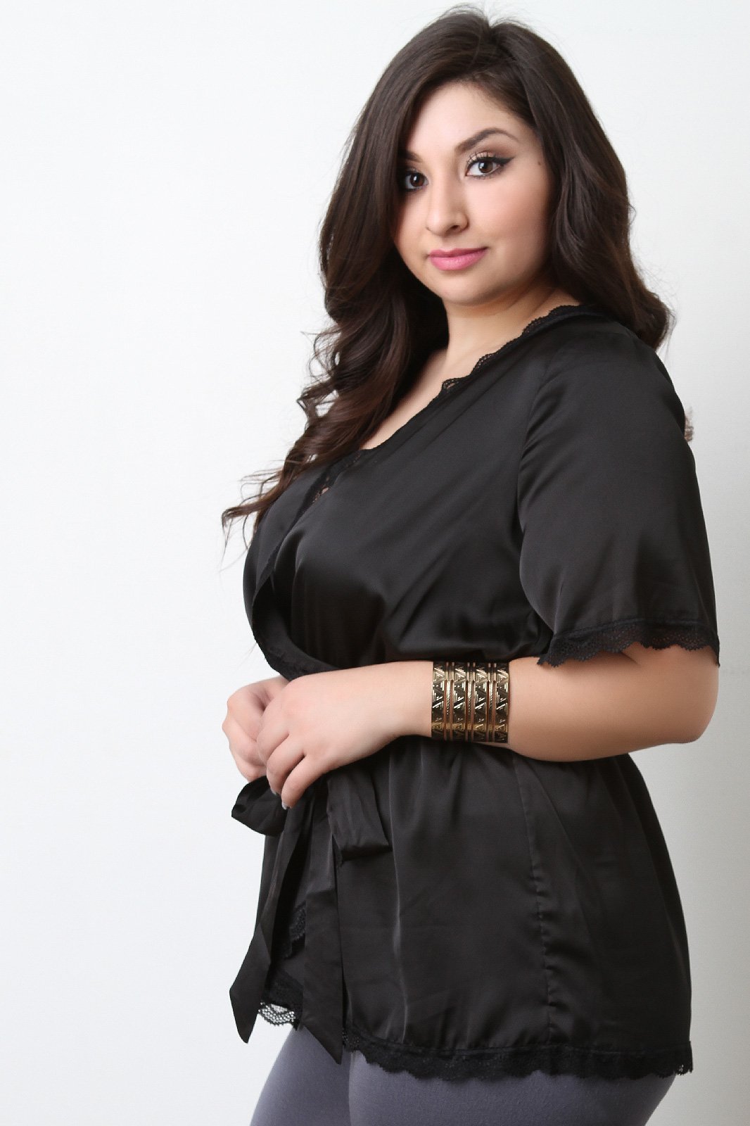 Satin Self-Tie Lace Trim Top