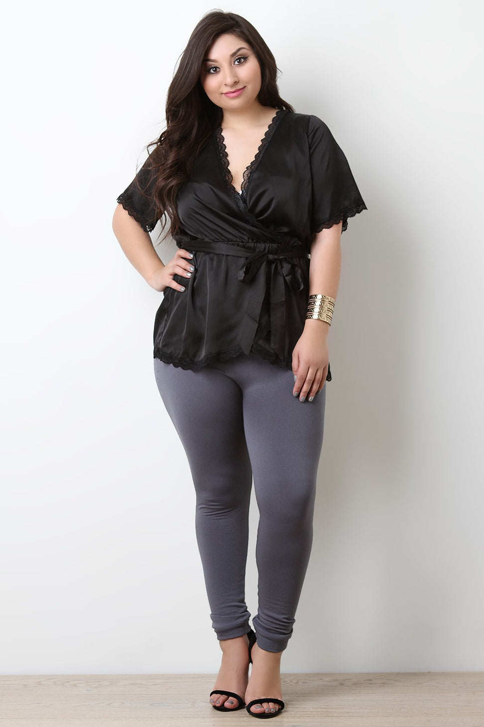 Satin Self-Tie Lace Trim Top