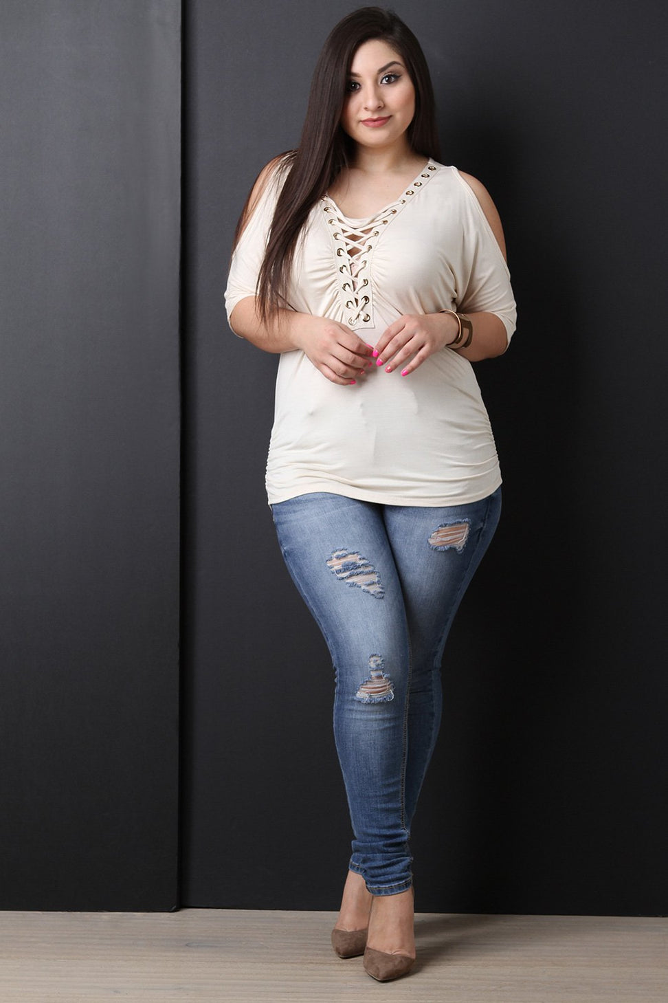 Grommet Lace Up Cold Shoulder Ruched Top