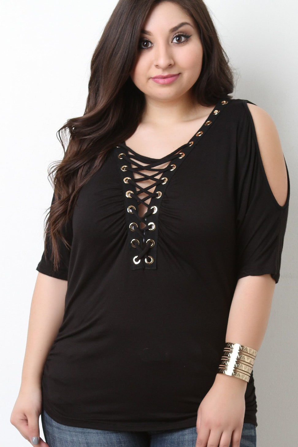 Grommet Lace Up Cold Shoulder Ruched Top