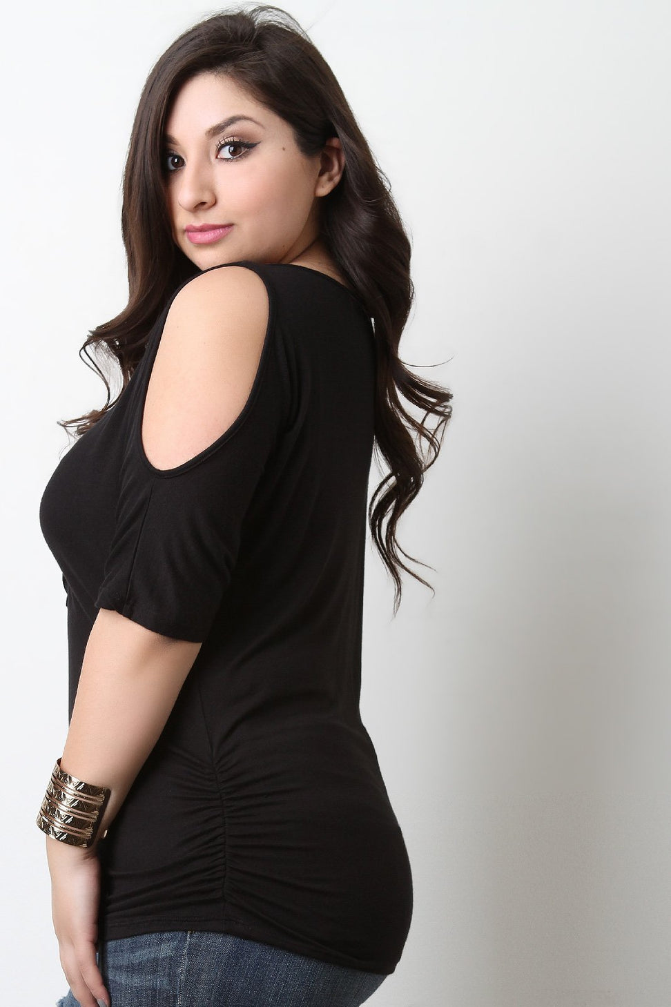 Grommet Lace Up Cold Shoulder Ruched Top