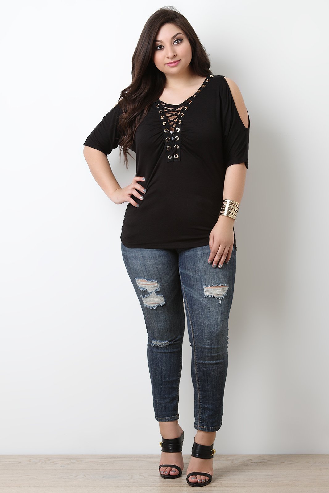 Grommet Lace Up Cold Shoulder Ruched Top