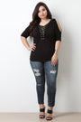 Grommet Lace Up Cold Shoulder Ruched Top