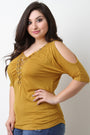 Grommet Lace Up Cold Shoulder Ruched Top