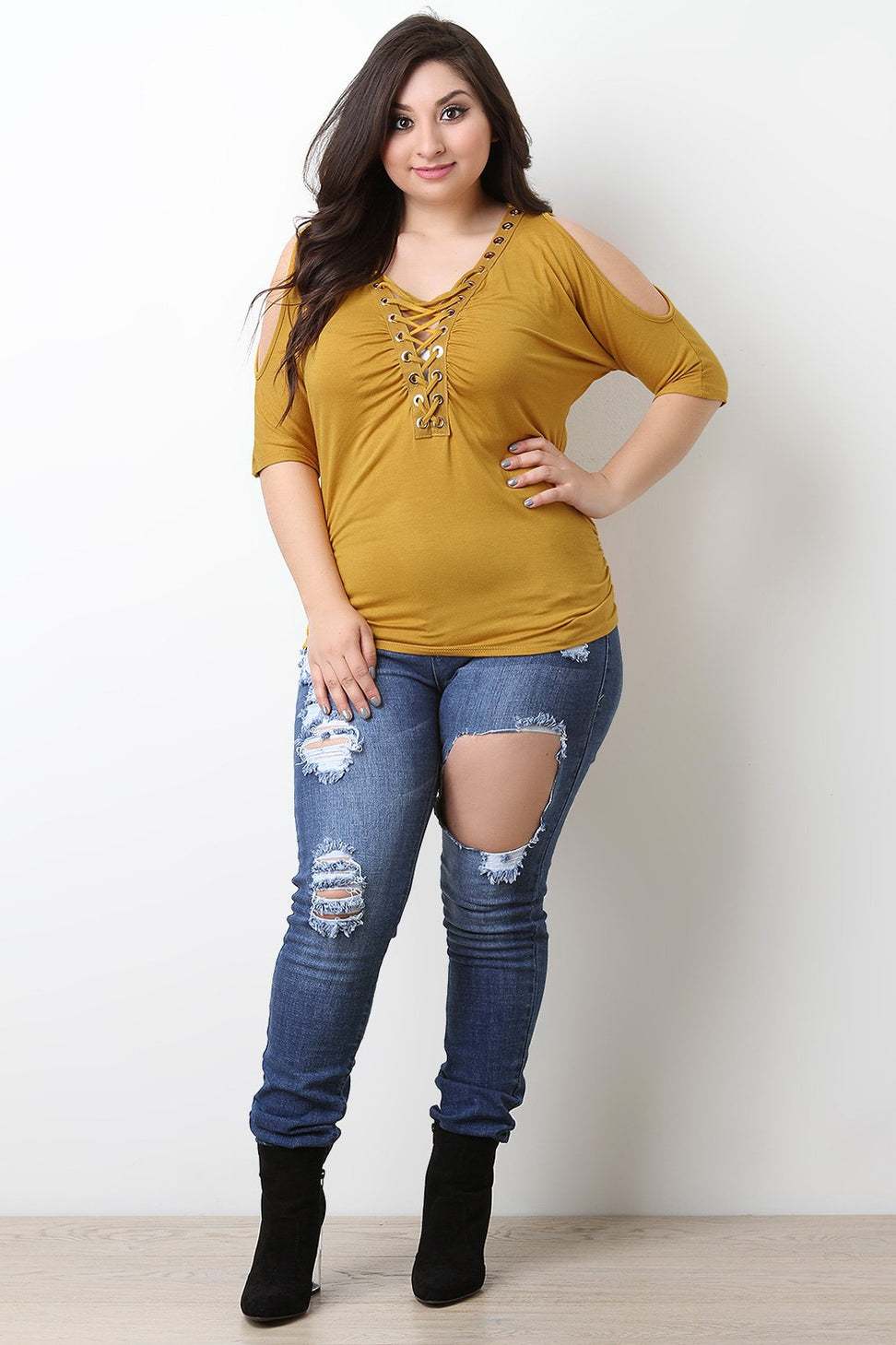 Grommet Lace Up Cold Shoulder Ruched Top