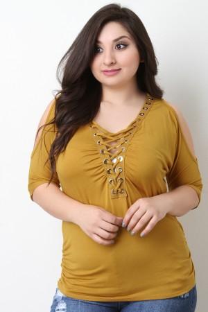 Grommet Lace Up Cold Shoulder Ruched Top