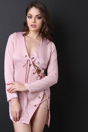 Asymmetrical Lace Up Deep V-Neck Dress