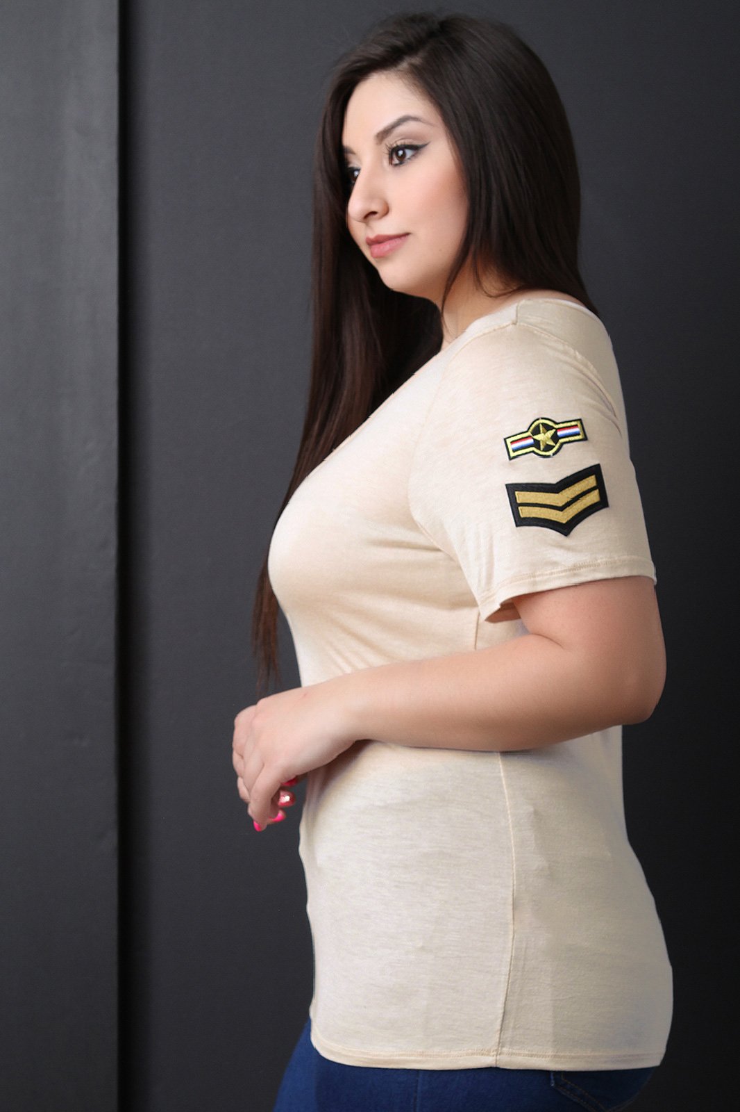 Lattice Front Military Patched Short Sleeves Tee