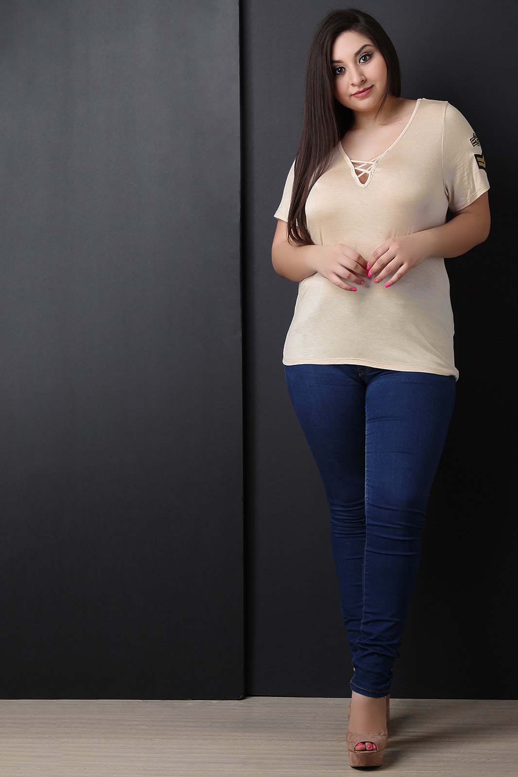 Lattice Front Military Patched Short Sleeves Tee