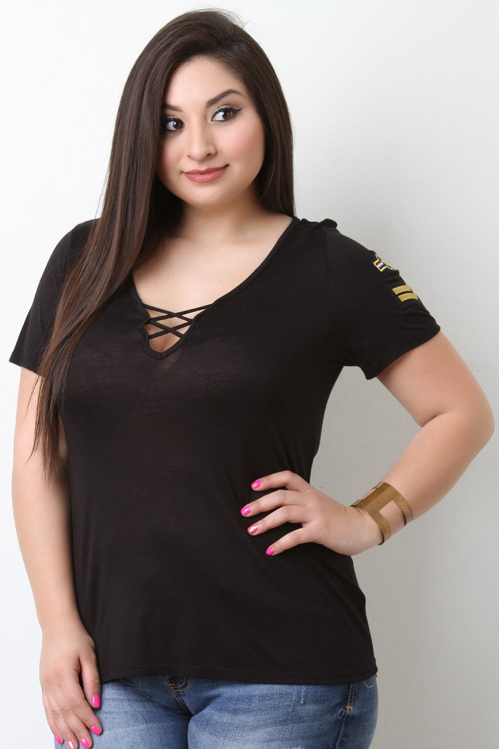 Lattice Front Military Patched Short Sleeves Tee