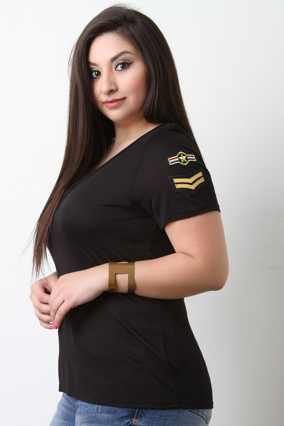 Lattice Front Military Patched Short Sleeves Tee