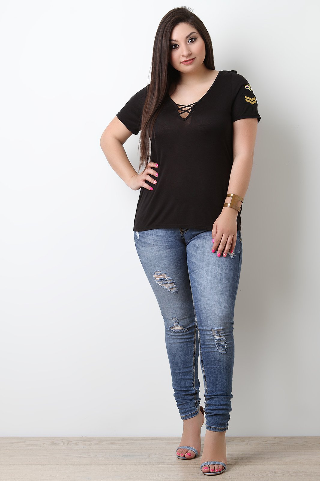 Lattice Front Military Patched Short Sleeves Tee