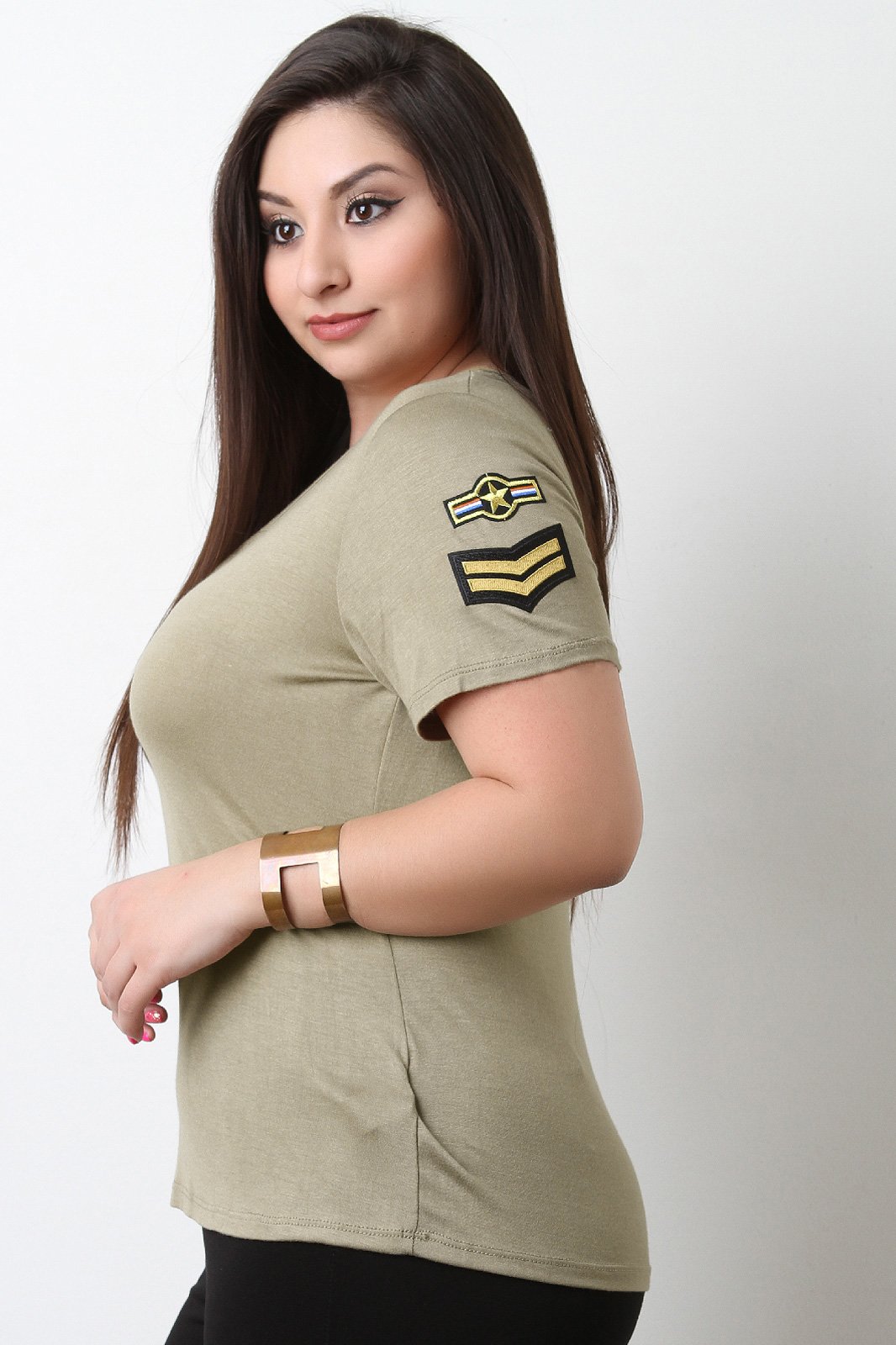 Lattice Front Military Patched Short Sleeves Tee
