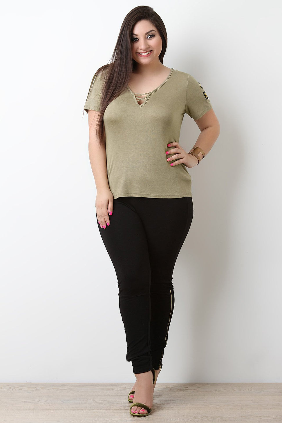 Lattice Front Military Patched Short Sleeves Tee