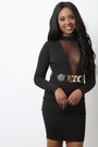 Long Sleeve Semi-Sheer Mesh Belted Mini Dress - NoveltyOne