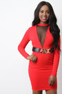 Long Sleeve Semi-Sheer Mesh Belted Mini Dress - NoveltyOne