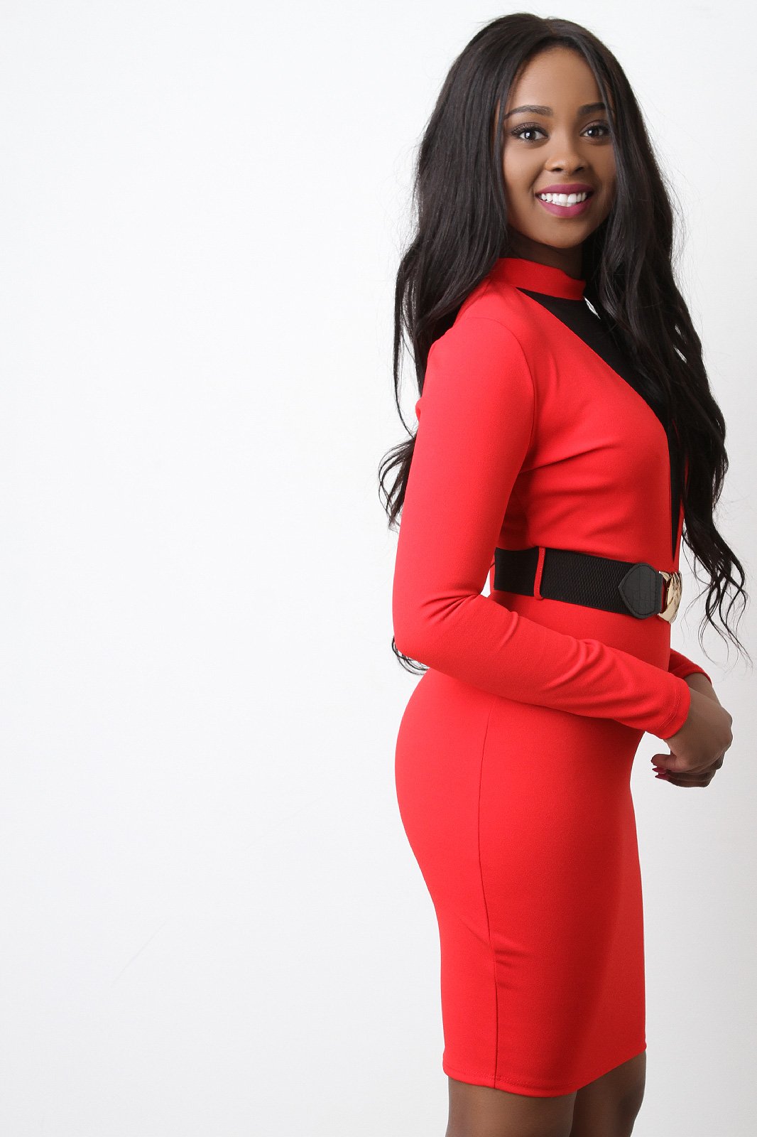 Long Sleeve Semi-Sheer Mesh Belted Mini Dress - NoveltyOne