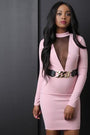 Long Sleeve Semi-Sheer Mesh Belted Mini Dress - NoveltyOne