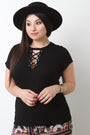 Ribbed Knit Lace-Up Short Sleeves Top