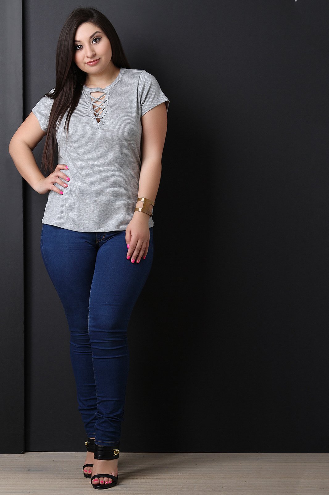 Ribbed Knit Lace-Up Short Sleeves Top