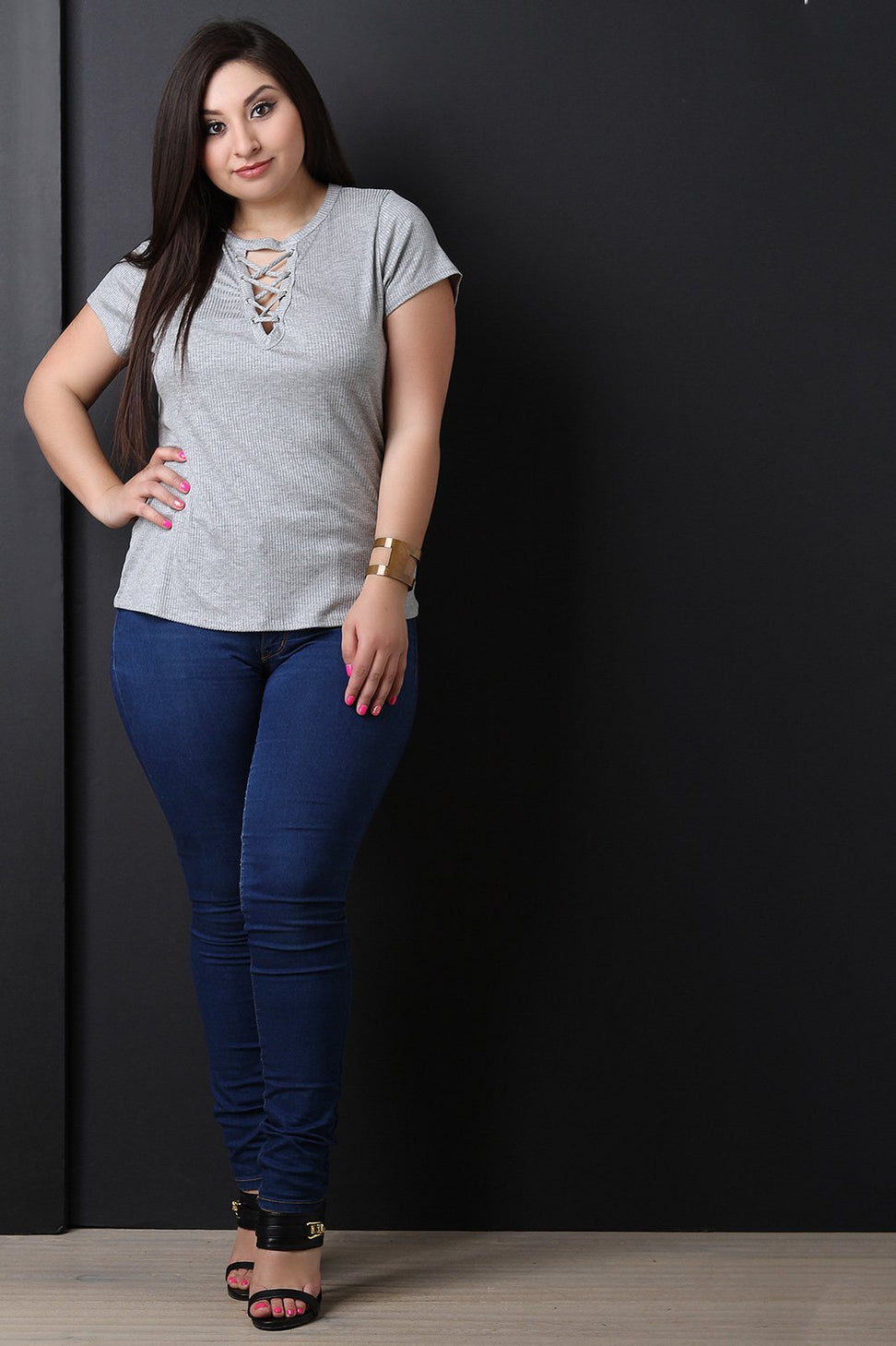 Ribbed Knit Lace-Up Short Sleeves Top