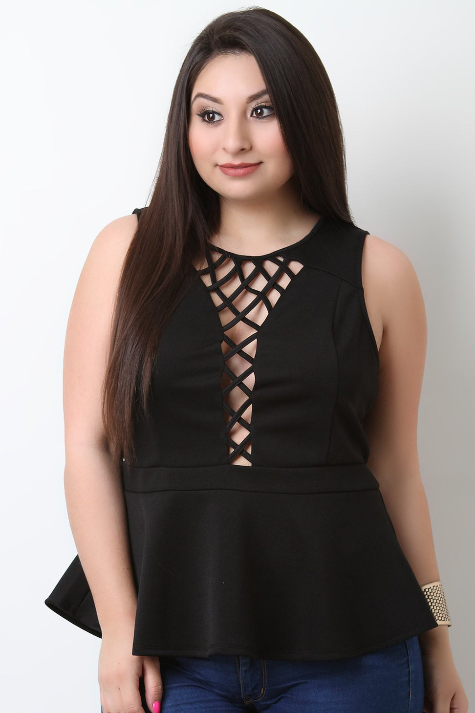 Lattice Front Sleeveless Peplum Top