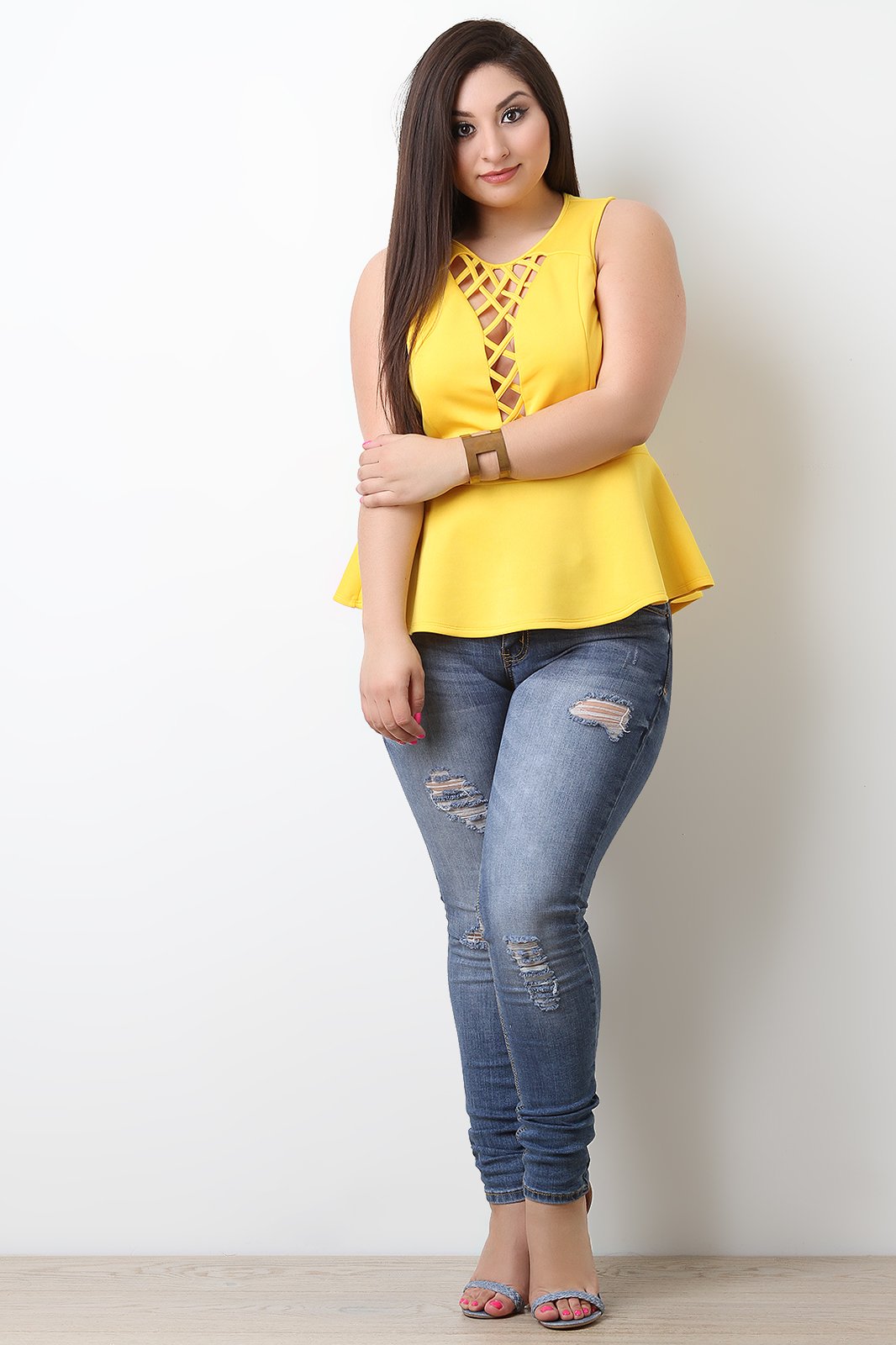 Lattice Front Sleeveless Peplum Top