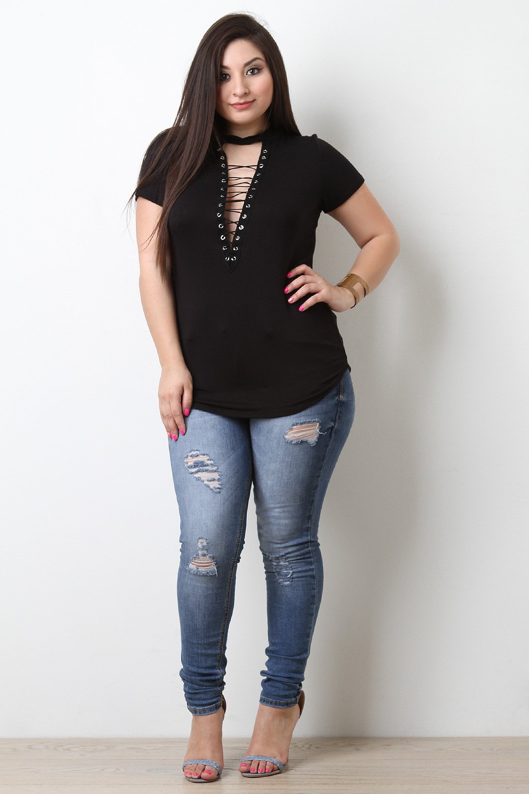 Soft Knit Choker Neck Corset Lace Up Top