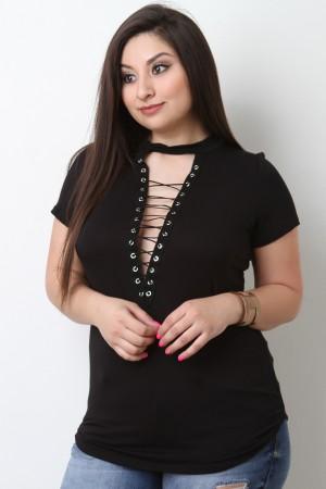 Soft Knit Choker Neck Corset Lace Up Top