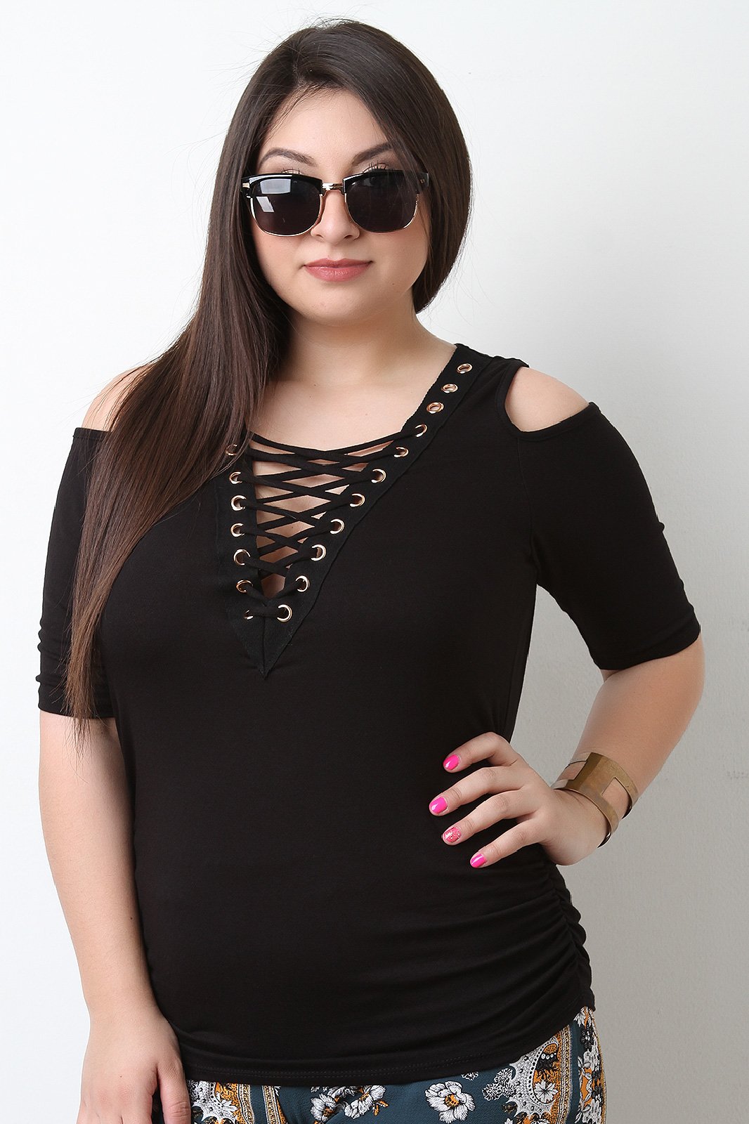 Textured Grommet Lace Up Cold Shoulder Ruched Top