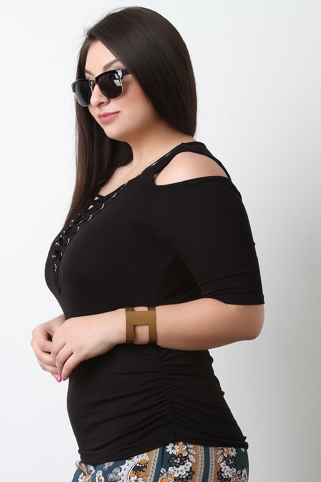 Textured Grommet Lace Up Cold Shoulder Ruched Top