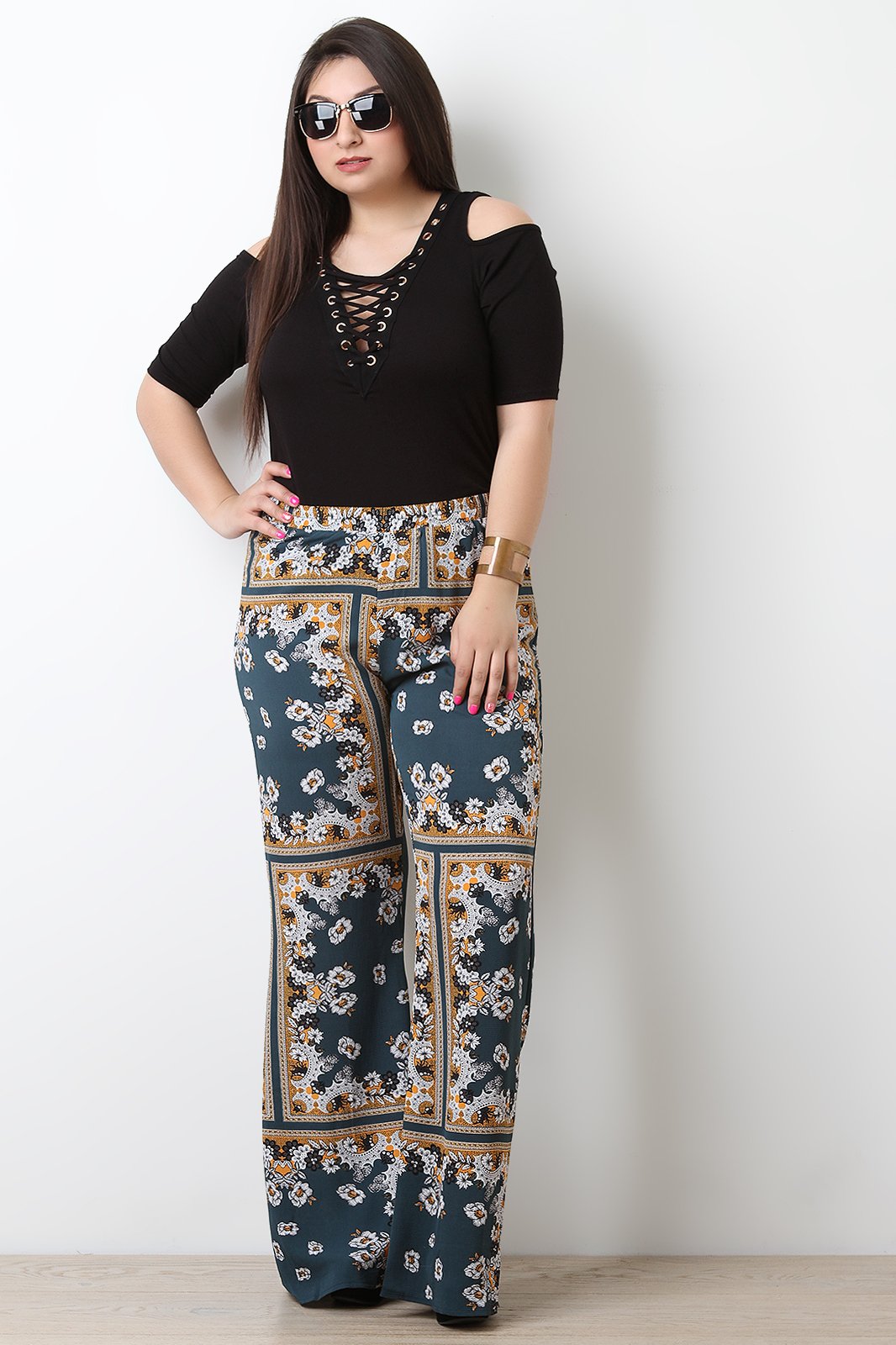 Textured Grommet Lace Up Cold Shoulder Ruched Top