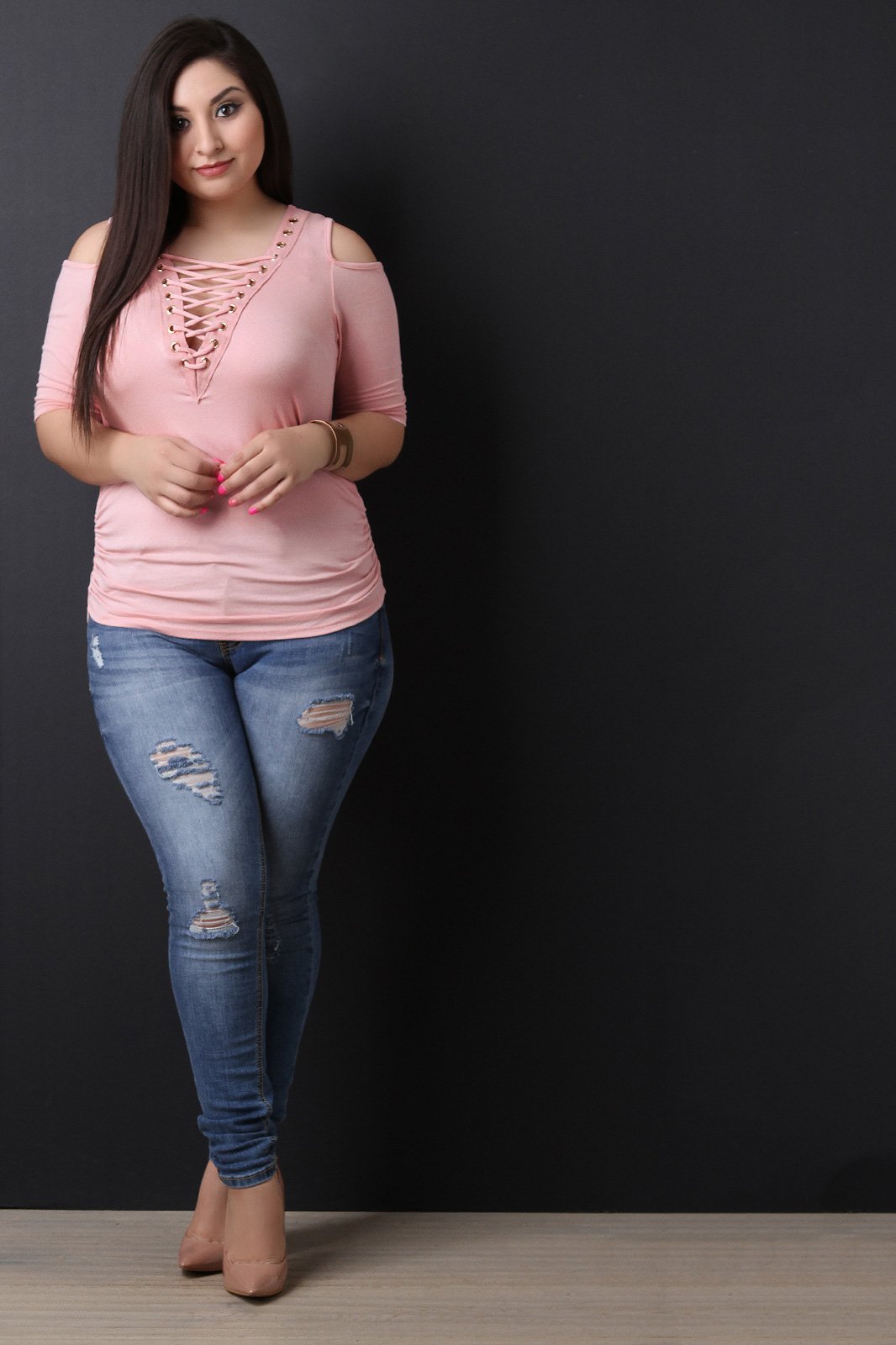 Textured Grommet Lace Up Cold Shoulder Ruched Top