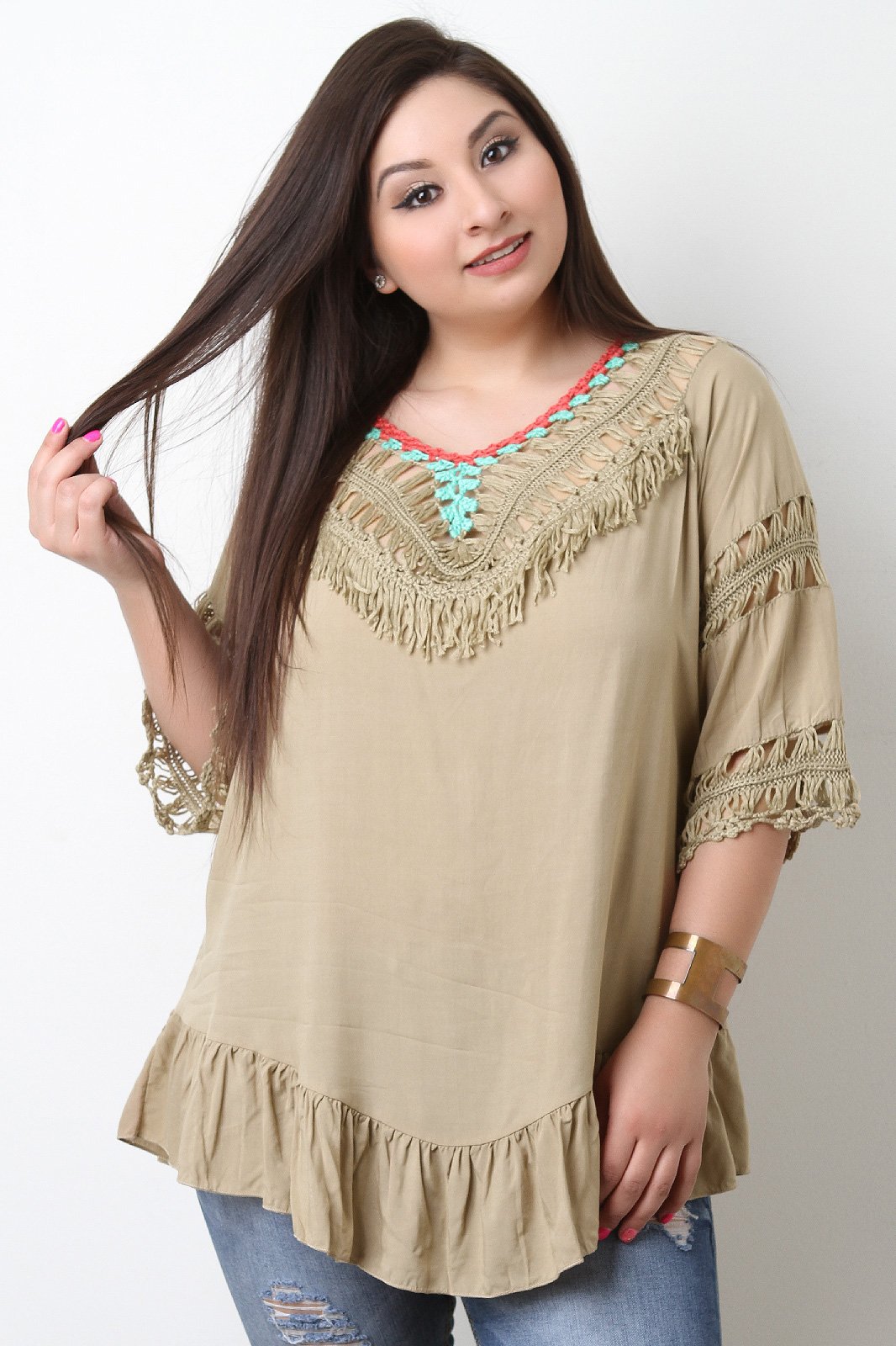 Fringe Crochet Neck Open Back Blouse Top - NoveltyOne