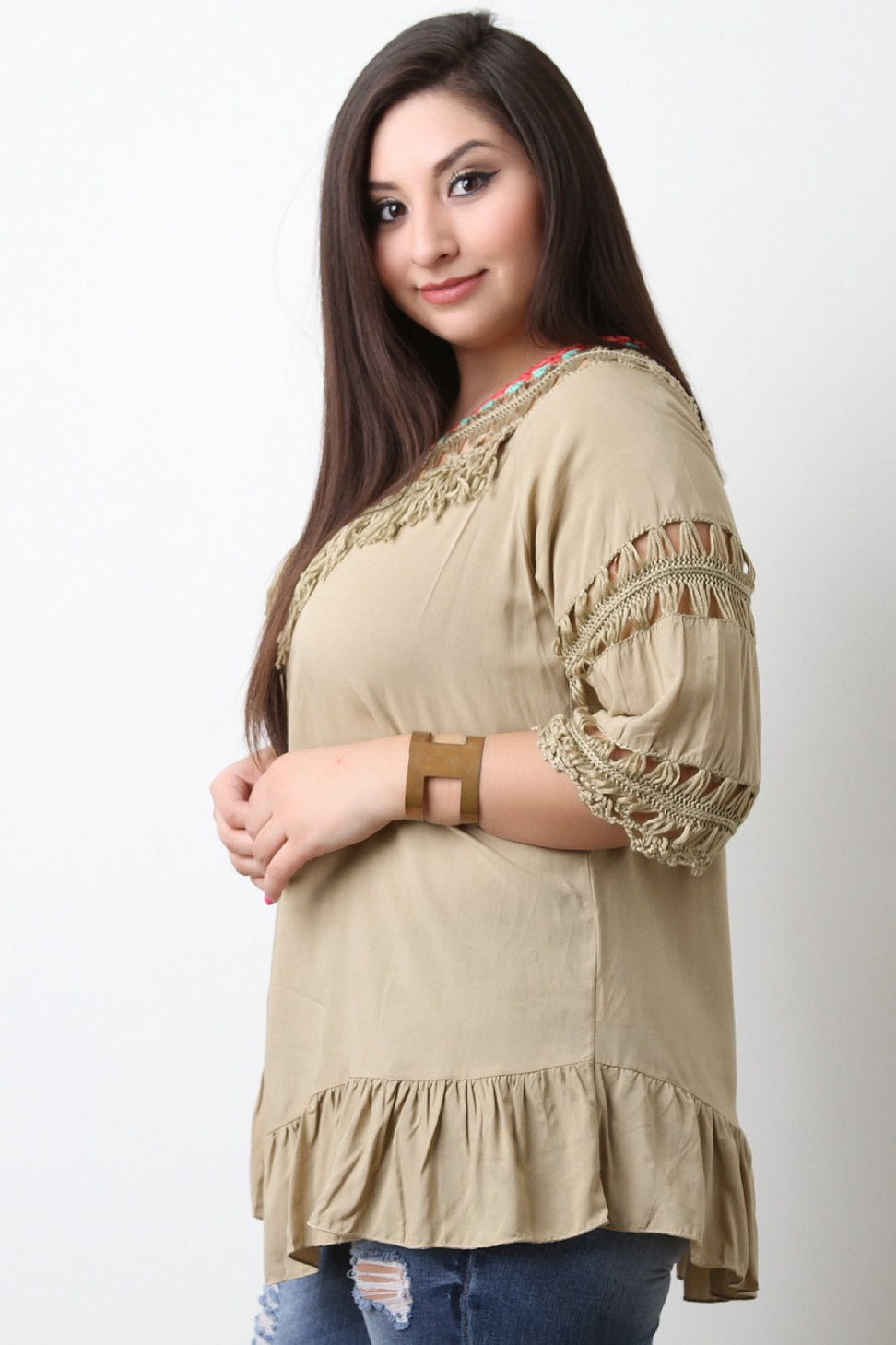 Fringe Crochet Neck Open Back Blouse Top - NoveltyOne