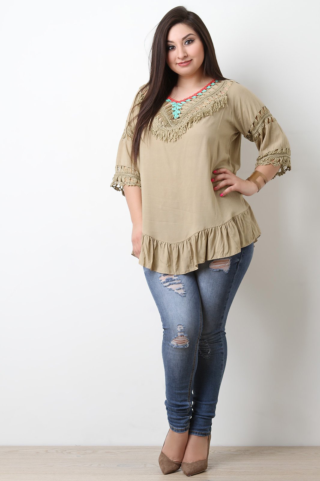 Fringe Crochet Neck Open Back Blouse Top - NoveltyOne