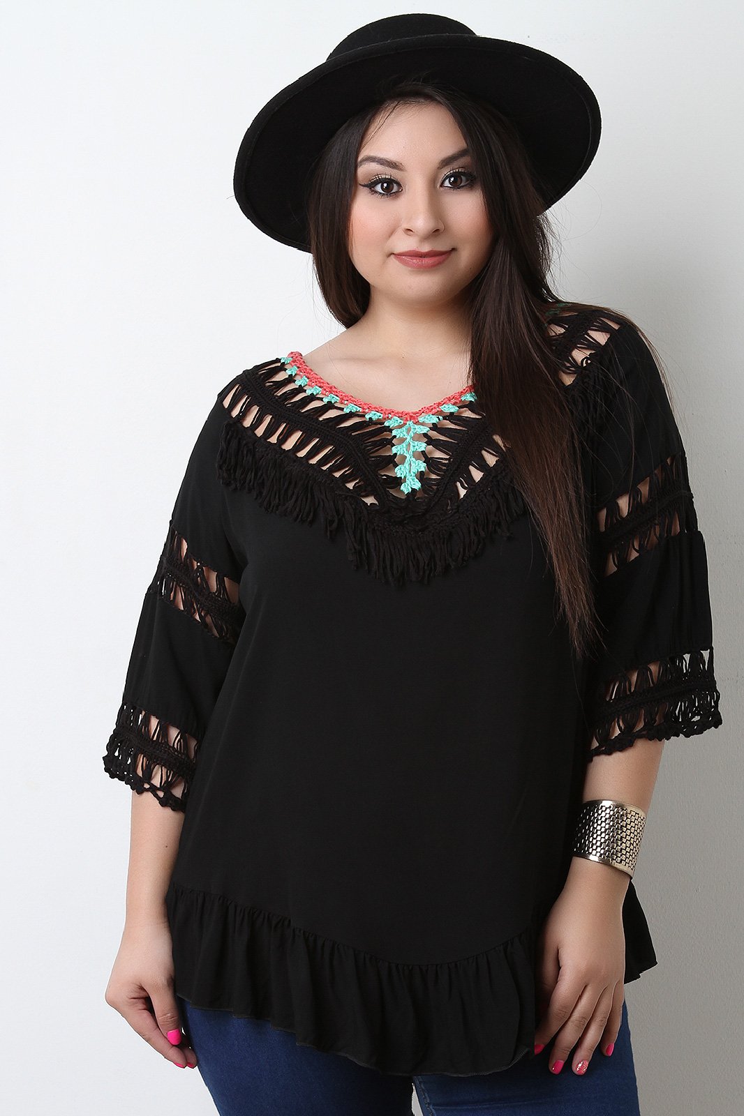 Fringe Crochet Neck Open Back Blouse Top - NoveltyOne