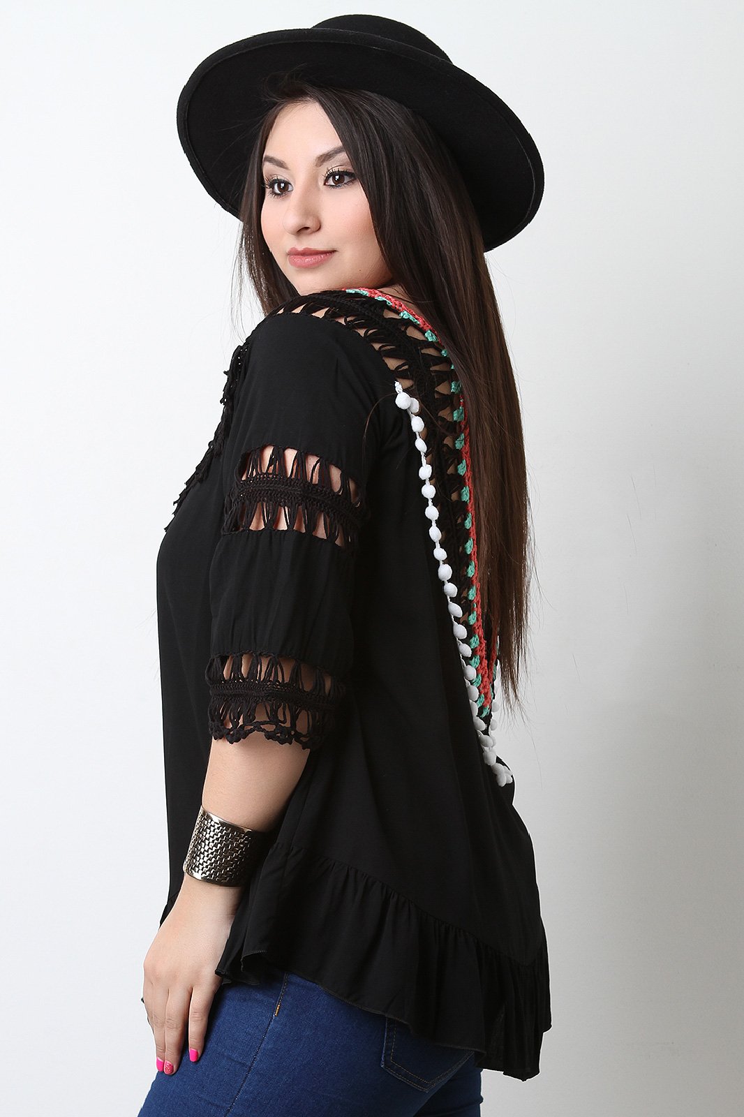 Fringe Crochet Neck Open Back Blouse Top - NoveltyOne
