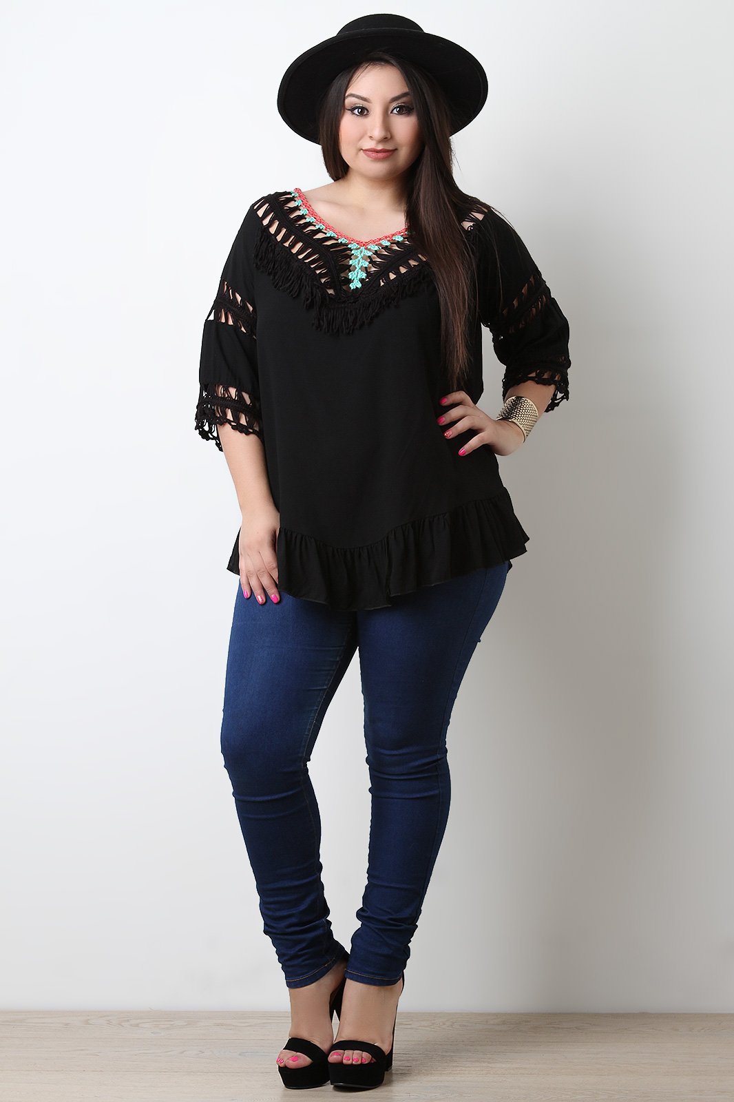 Fringe Crochet Neck Open Back Blouse Top - NoveltyOne
